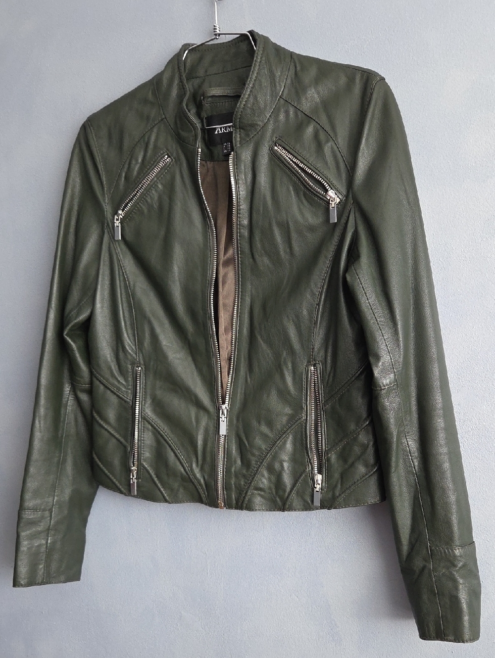 ARMA FIR GREEN LEATHER MOTO JACKET SIZE US SMALL